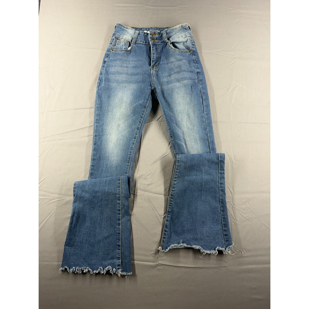 Pastel Jeans Women's 3/4 Flare Bell Bottom Jeans Raw Hem Y2K Stretch Blue